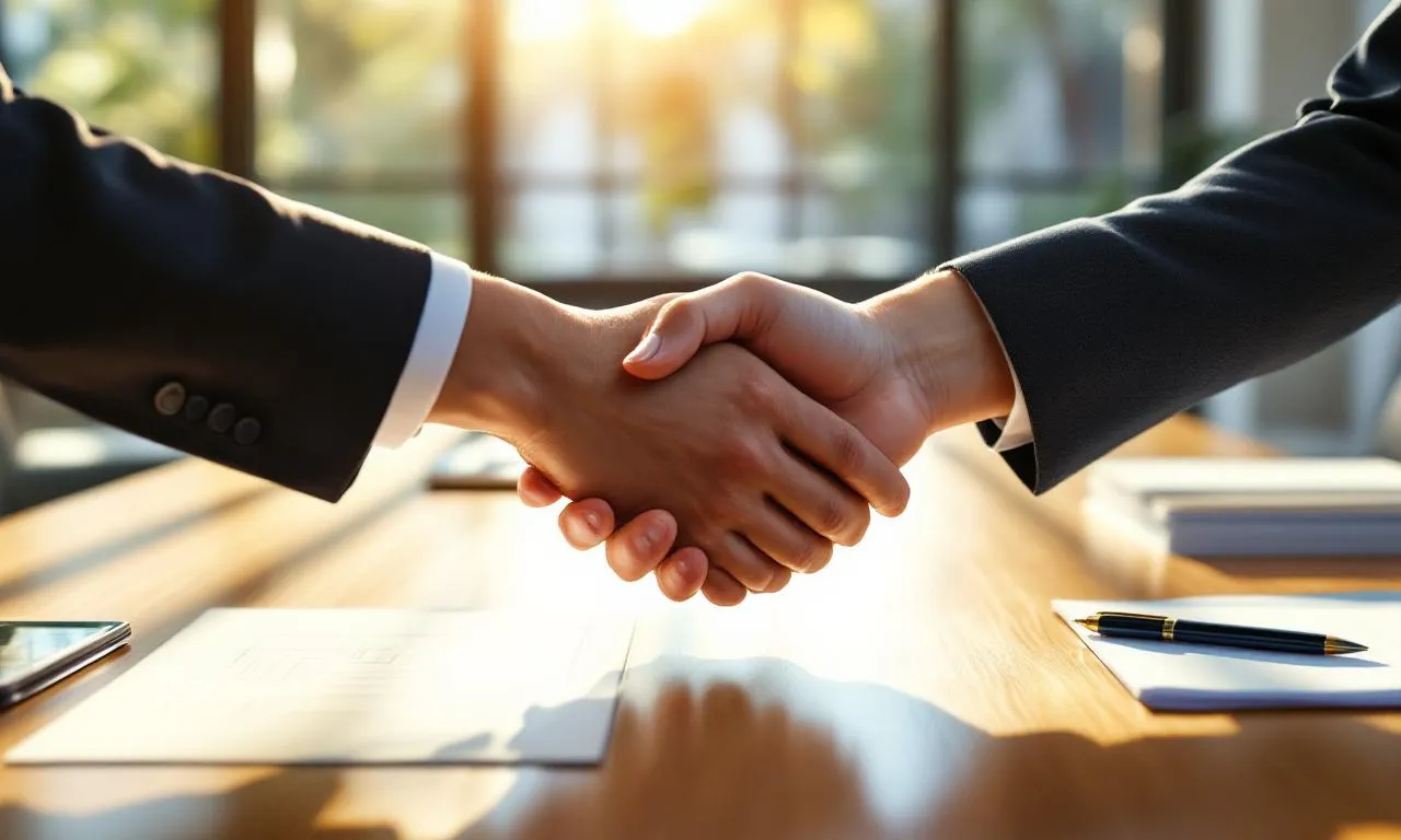 Deux personnes échangent une poignée de main professionnelle.