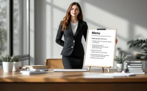 Une secrétaire assise à un bureau moderne travaille devant un ordinateur.