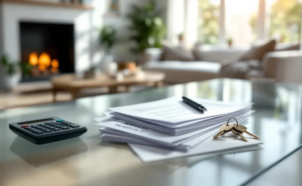 Des documents hypothécaires posés soigneusement à côté de clés de maison et d’une calculatrice sur un bureau moderne, devant un intérieur de maison flou et lumineux.