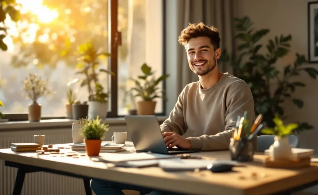 Un jeune adulte assis à un bureau avec un ordinateur portable, des livres, une plante, des pièces de monnaie et de la lumière naturelle entrant par la fenêtre.