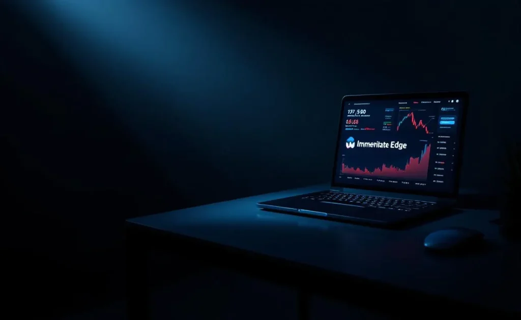 Un ordinateur portable affiche des graphiques de cryptomonnaies et le logo Immediate Edge sur un bureau sombre, avec une ombre mystérieuse d’un côté.
