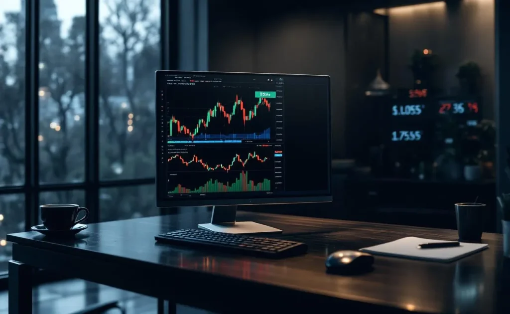 Un écran d’ordinateur affiche des graphiques de trading avec des indicateurs de gains et pertes, posé sur un bureau élégant sous un éclairage contrasté.