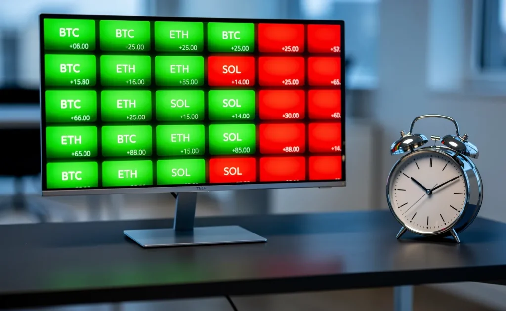 Écran numérique élégant affichant une carte thermique de prix de cryptomonnaies avec des cases vertes et rouges lumineuses, un réveil moderne à côté, sur fond de lumière bleue.