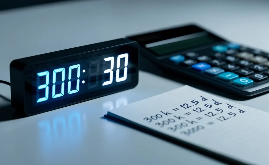 Un réveil numérique affiche un compte à rebours de 300 heures à côté d’une calculatrice élégante et d’un bloc-notes rempli de conversions manuscrites, le tout dans une ambiance aux tons bleutés.