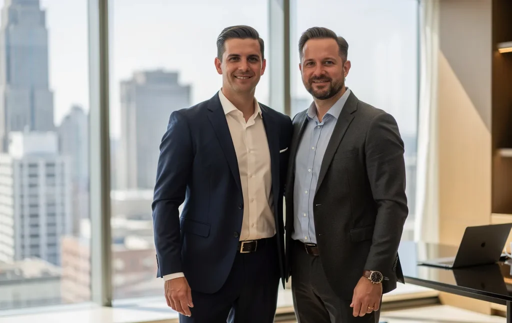 Deux entrepreneurs debout côte à côte dans un bureau moderne avec une grande baie vitrée surplombant la ville.