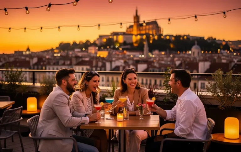 Groupe d’amis élégants savourant des cocktails sur un rooftop à Lyon au crépuscule, avec vue sur la silhouette de Fourvière et les lumières urbaines.