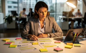 Une femme d’affaires examine des feuilles de retours clients entourées de notes colorées sur un bureau moderne.