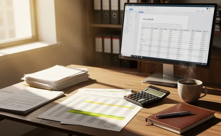 Bureau d’expert-comptable avec des documents financiers et un rapport “carry back” affiché à l’écran, éclairé par la lumière du jour.
