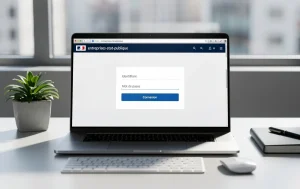 Un ordinateur portable posé sur un bureau moderne affiche la page de connexion entreprises.stat-publique, éclairé par une lumière naturelle douce venant d’une fenêtre.