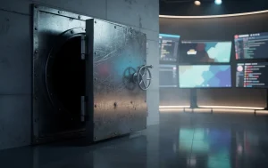 Porte de coffre-fort en métal entrouverte dans un studio en ligne sombre, avec des écrans de streaming reflétés sur sa surface.
