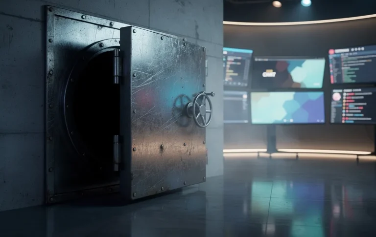 Porte de coffre-fort en métal entrouverte dans un studio en ligne sombre, avec des écrans de streaming reflétés sur sa surface.