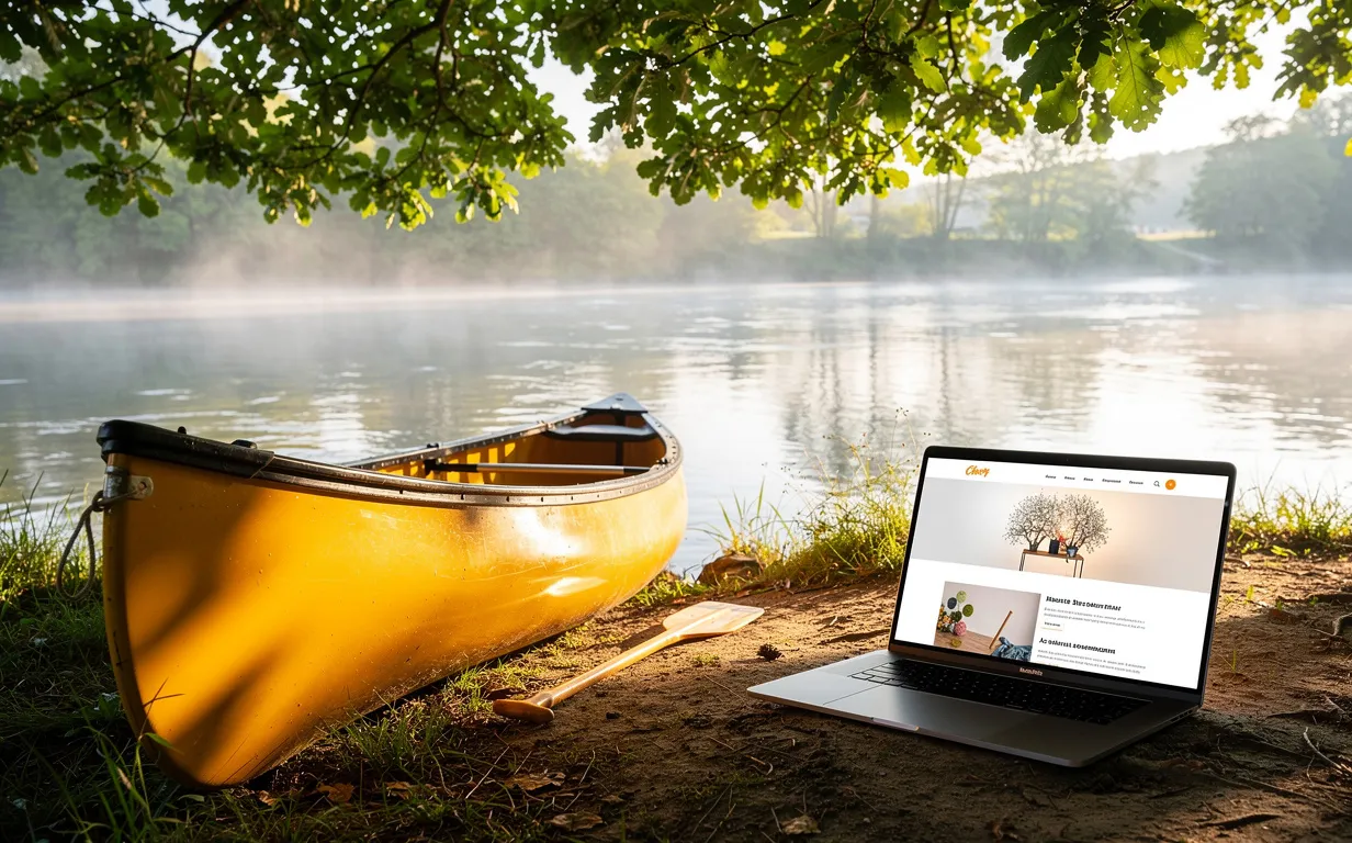 Un canoë jaune posé sur la rive du Cher à côté d’un ordinateur portable allumé sous des arbres baignés de lumière du matin.
