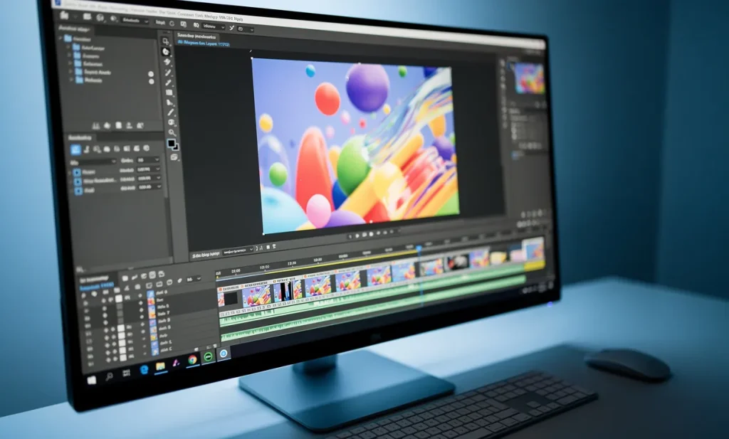 Vue rapprochée d’un écran d’ordinateur affichant un logiciel de création de GIF animé, dans un bureau minimaliste doucement éclairé.