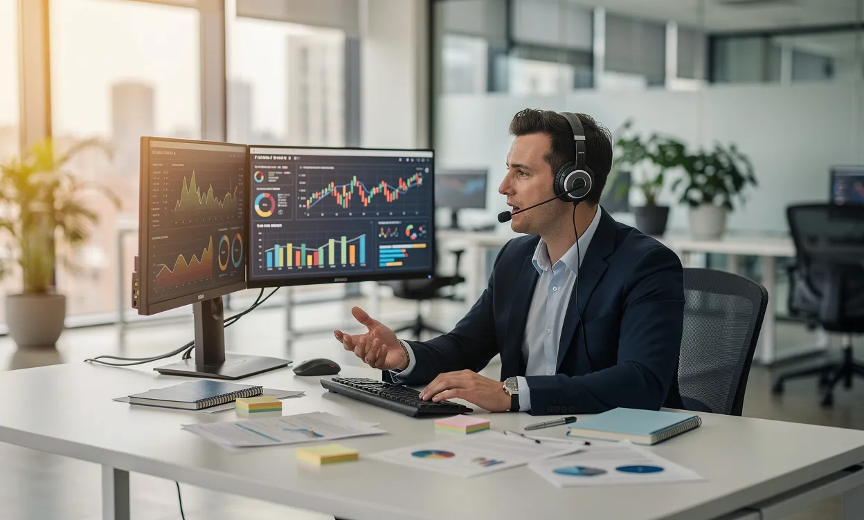 Un professionnel assis à un bureau moderne travaille avec des papiers, deux écrans affichant des graphiques et parle au casque dans un bureau ouvert baigné de lumière matinale.