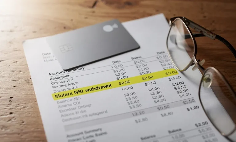 Une carte bancaire posée sur un relevé avec une transaction Mutex NSI surlignée, près de lunettes sur un bureau en bois.