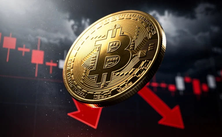 Une pièce de bitcoin dorée chute dans les airs devant un graphique financier sombre avec des flèches rouges pointant vers le bas.