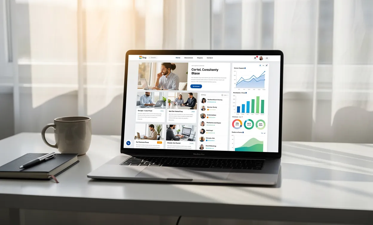 Un ordinateur portable affiche la page d’accueil d’un blog professionnel avec des graphiques et articles, posé sur un bureau minimaliste éclairé par la lumière du jour.