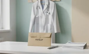Blouse blanche de gynécologue accrochée près d’un stéthoscope et d’une enveloppe de fiche de paie sur un bureau de cabinet médical éclairé doucement.