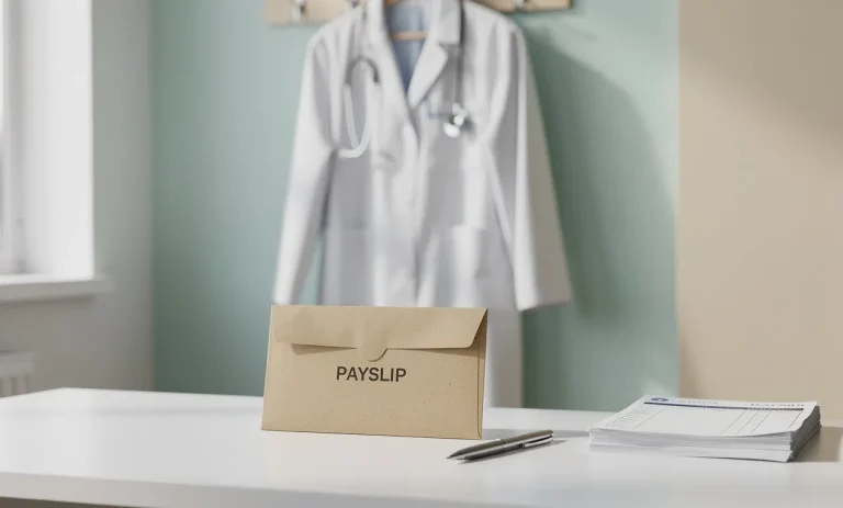 Blouse blanche de gynécologue accrochée près d’un stéthoscope et d’une enveloppe de fiche de paie sur un bureau de cabinet médical éclairé doucement.