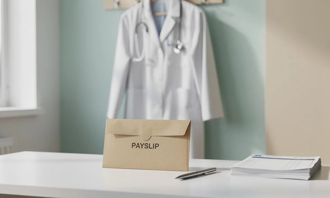 Blouse blanche de gynécologue accrochée près d’un stéthoscope et d’une enveloppe de fiche de paie sur un bureau de cabinet médical éclairé doucement.