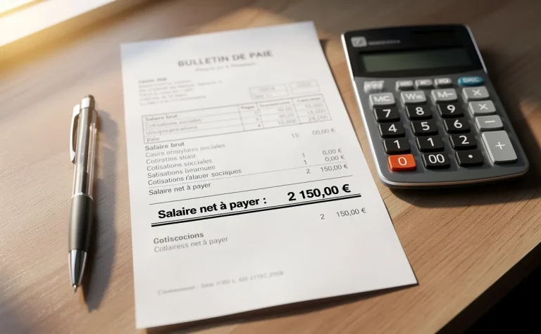 Une fiche de paie française posée sur un bureau rangé avec une calculatrice et le salaire net mis en valeur, éclairée par la lumière du matin.