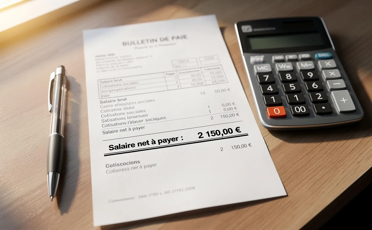 Une fiche de paie française posée sur un bureau rangé avec une calculatrice et le salaire net mis en valeur, éclairée par la lumière du matin.