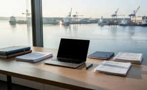 Un ordinateur portable moderne et des documents sont posés sur un bureau en bois près d’une fenêtre offrant une vue sur le port de Brest, baignés dans une lumière matinale calme.