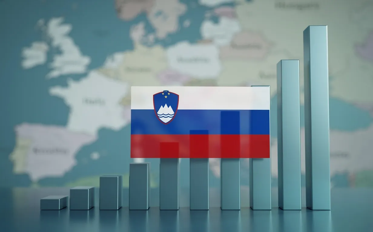 Drapeau slovène posé sur un graphique en barres croissantes devant une carte floue de l’Europe.