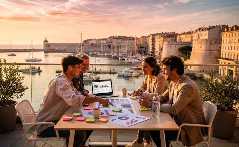 Un petit groupe collabore autour d’une table sur une terrasse surplombant le vieux port de Marseille au coucher du soleil.