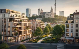 Appartements modernes de Lyon avec des monuments emblématiques en arrière-plan et des parcs verdoyants baignés d’une lumière chaleureuse.