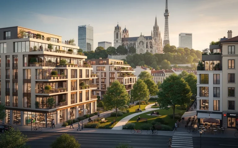 Appartements modernes de Lyon avec des monuments emblématiques en arrière-plan et des parcs verdoyants baignés d’une lumière chaleureuse.