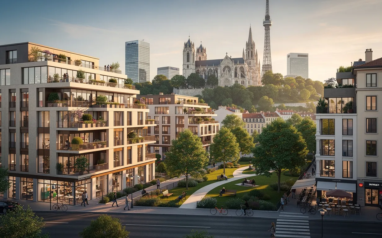 Appartements modernes de Lyon avec des monuments emblématiques en arrière-plan et des parcs verdoyants baignés d’une lumière chaleureuse.