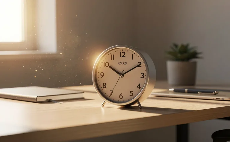 Un bureau bien rangé éclairé par la lumière du matin avec une horloge indiquant 09h09.