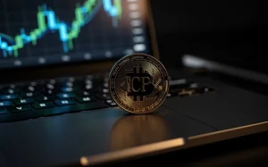 Une pièce numérique ICP repose sur un clavier d’ordinateur portable devant des graphiques lumineux affichés à l’écran dans un espace de travail sombre.