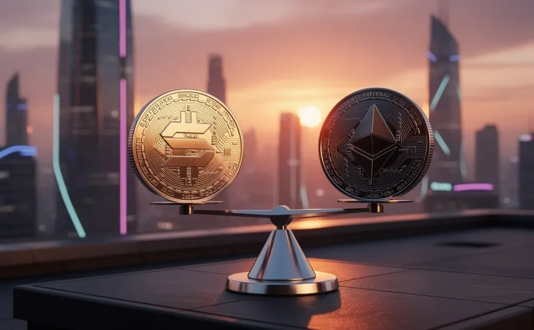 Deux pièces gravées des logos Solana et Ethereum sont posées chacune sur un plateau d’une balance métallique devant une ville futuriste au coucher du soleil.