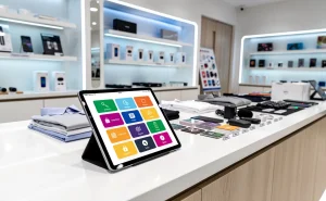 Intérieur d'une boutique moderne avec une tablette montrant des options logicielles sur un comptoir près de marchandises bien rangées et un éclairage tamisé.