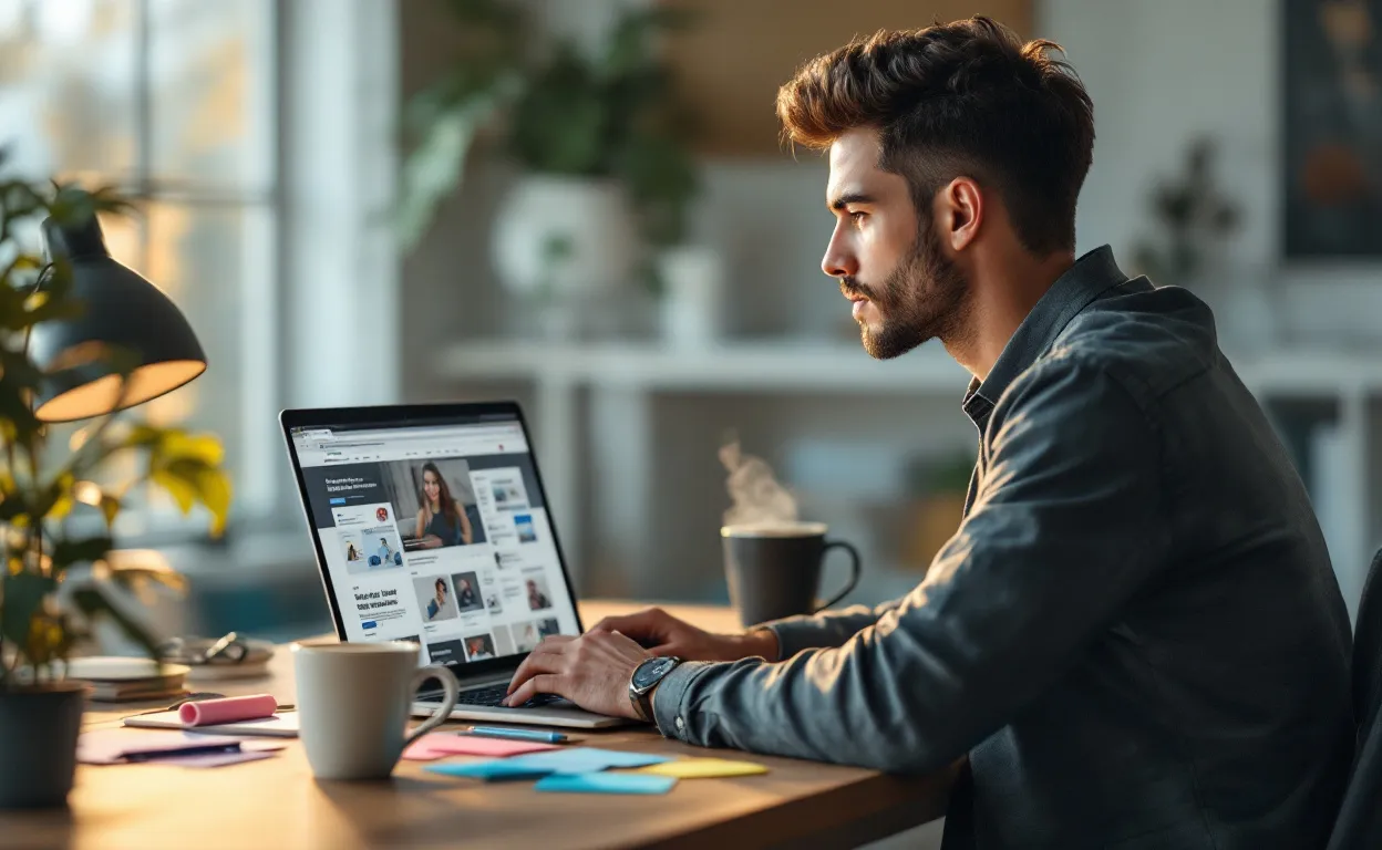 Un jeune entrepreneur concentré travaille sur un ordinateur portable affichant des sites d'affaires en ligne, entouré de pense-bêtes et d'une tasse à café sur un bureau moderne éclairé par la lumière du matin.